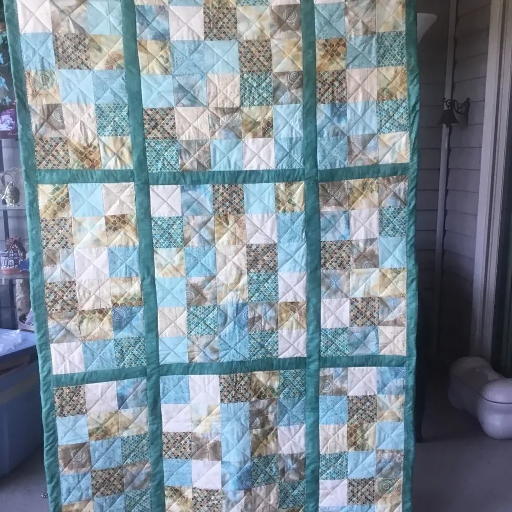 NWT Hand Crafted Quilt in Teals and Tans